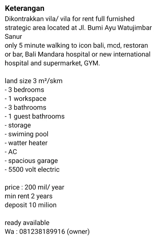 Image Property Disewakan vila/ vila for rent